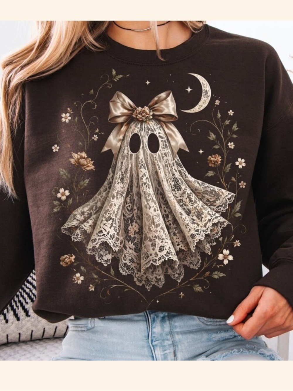 Dark Brown Cute Lace Ghost Halloween GRAPHIC Sweatshirt, Boho Boo Spooky Season